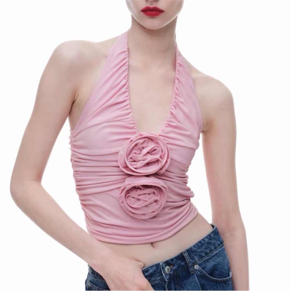 Magda Butrym H&M Rose Appliqué Top, Small, Pink